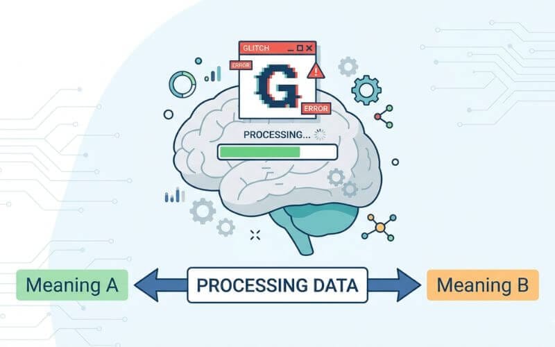 An infographic showing a human brain with a glitch icon and a loading bar, with two arrows pointing to dual meanings of a single word.