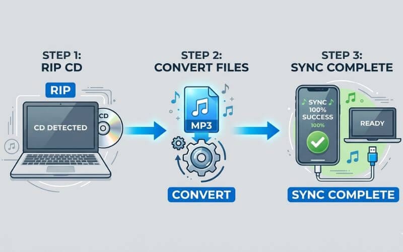 A 3-step professional flowchart showing the process of ripping a CD on a computer and syncing it to a mobile device.