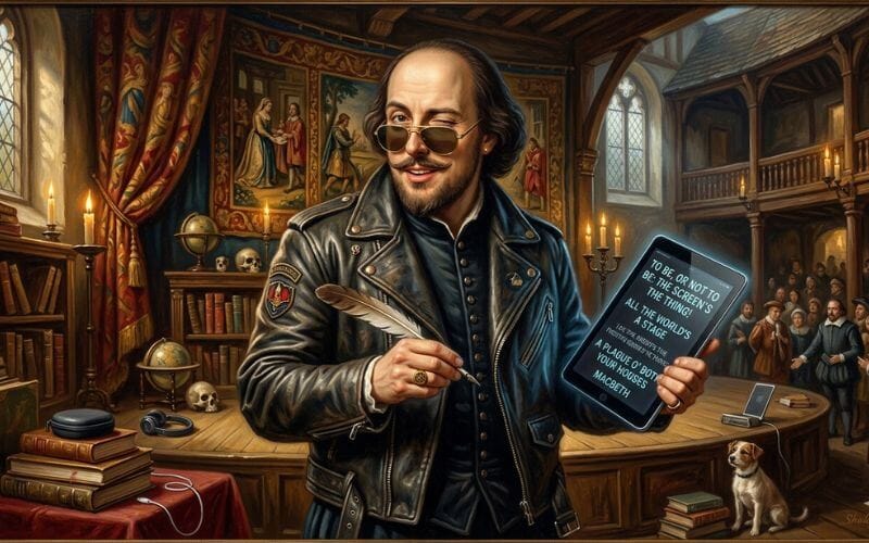 An oil painting style portrait of William Shakespeare wearing modern sunglasses and a leather jacket, winking, while holding a quill and a tablet.
