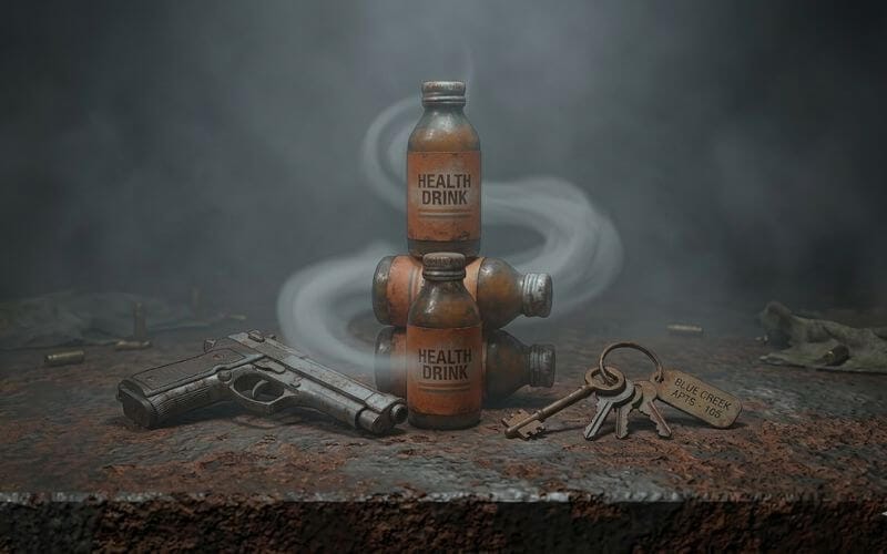 Guia Silent Hill Geekzilla survival gear tips showing health drinks, handgun, and old keys on a rusty surface.