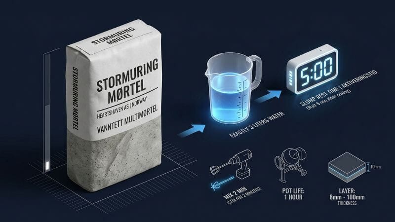 Technical 3D infographic diagram showing a 15kg bag of Hey'di Stormuring with exact water mixing measurements
