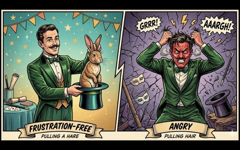 A split illustration of a magician pulling a hare (rabbit) from a hat on one side, and pulling his own hair out in frustration on the other.