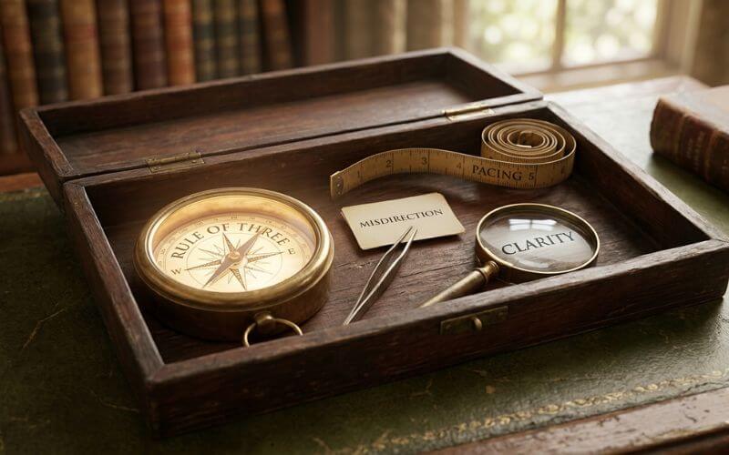 A close-up 3D render of a writer's wooden toolbox with engraved objects for "Rule of Three" and "Misdirection," symbolizing the technical mastery of pun writing.