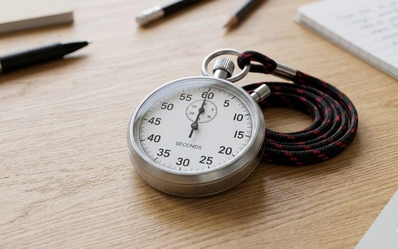 A 60-second stopwatch on a desk for a quick-thinking pun writing exercise.