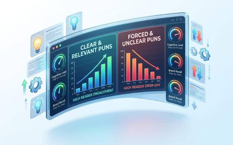 An isometric data dashboard comparing high reader engagement for clear puns with high reader drop-off for forced pun writing mistakes.