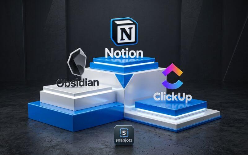 A 3D comparison of snapjotz vs high-quality productivity tools like Notion and Obsidian.