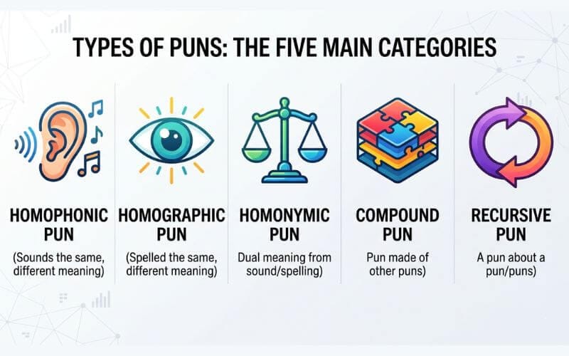 A clean infographic chart displaying icons representing five main pun types: Homophonic (ear), Homographic (eye), Homonymic (scale), Compound (puzzle), and Recursive (loop arrow).