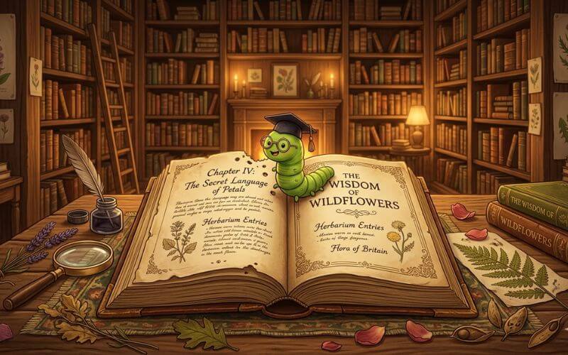 A botanical illustration of a small, cheerful worm wearing spectacles and a scholar's cap, seated on an open vintage book.