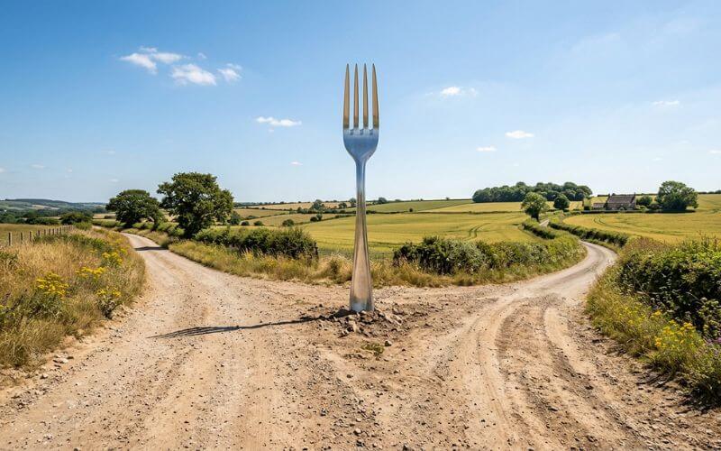 A realistic wide-angle photo of a countryside dirt road splitting into two paths, with a giant silver dining fork stuck in the center of the split.