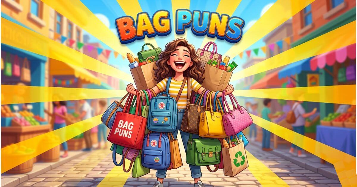 A funny cartoon of a joyful person carrying too many colorful bags with text Bag Puns.