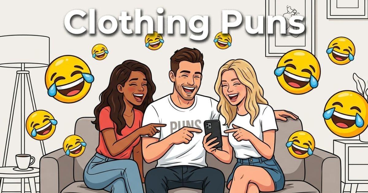 A cheerful cartoon group laughing under text 'clothing puns' while reading outfit puns with laughing emojis.