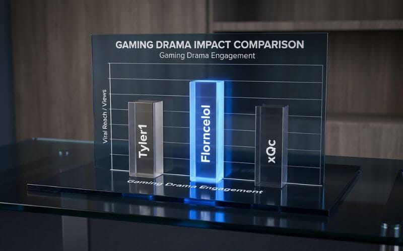 A 3D digital chart comparing the reach and impact of Florncelol with other famous gaming legends like Tyler1 and xQc.