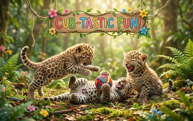 Three cute, fluffy leopard cubs rolling on the jungle floor, laughing and playing with a big ball of twine.