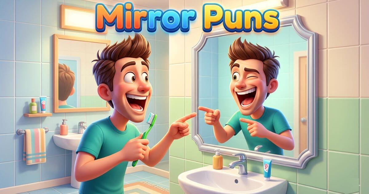 A funny cartoon character under the text “Mirror Puns,” laughing hysterically at his own mirror reflection, which is cracking up too.
