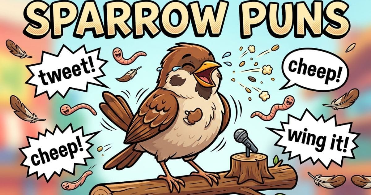 Cartoon sparrow laughing loudly while holding a joke book with funny sparrow puns around him.