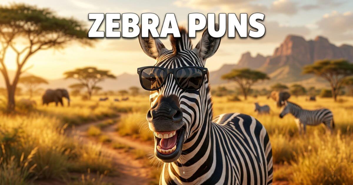 A laughing zebra with sunglasses in a savanna, featuring the text Zebra Puns.