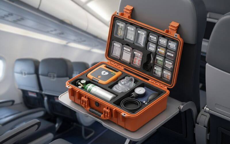 A professional aircraft emergency medical kit (EMK) featuring an AED, oxygen cylinder, and emergency medicines for in-flight medical crises.