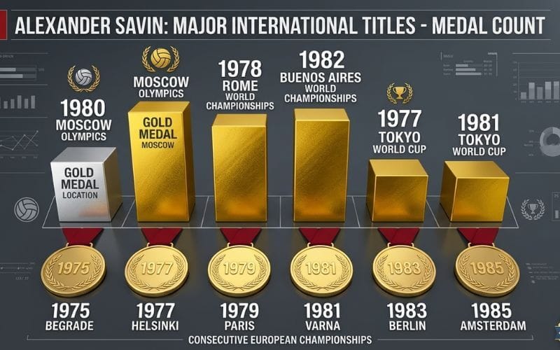 Detailed infographic of Alexander Savin's career medals including 1980 Olympic Gold, 2 World Championships, and 6 consecutive European titles.