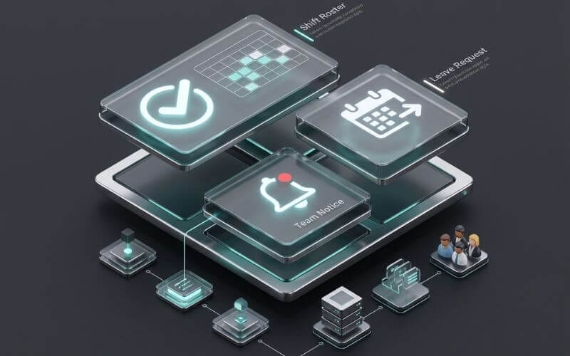 A 3D minimalist graphic illustrating the roster, leave, and shift tracking features of the Allocate Loop app.