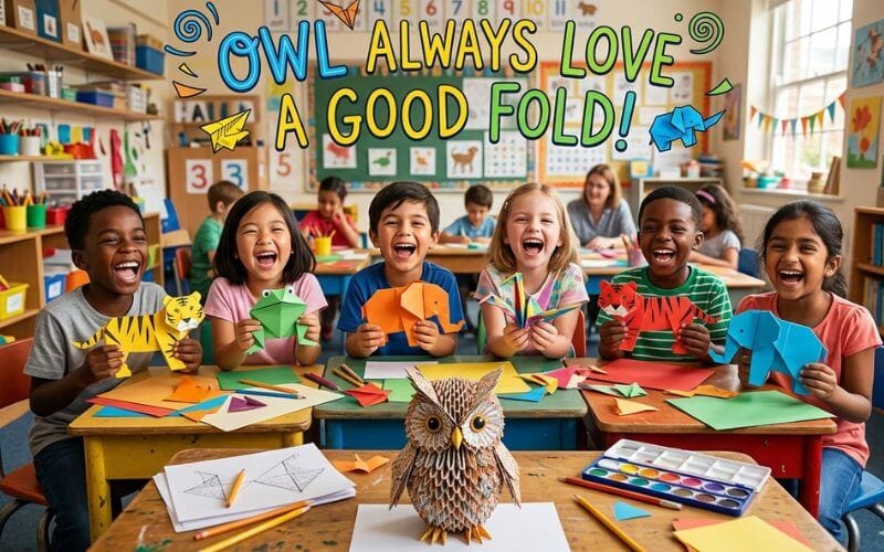 A group of kids laughing while making origami animals, featuring a large paper owl with a punny heading.