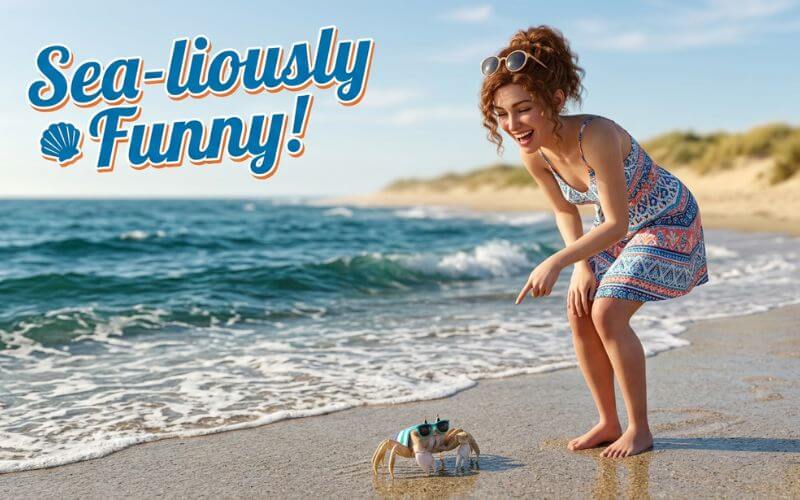 A laughing woman pointing at a funny crab on the beach with a 'Sea-liously Funny' pun heading.