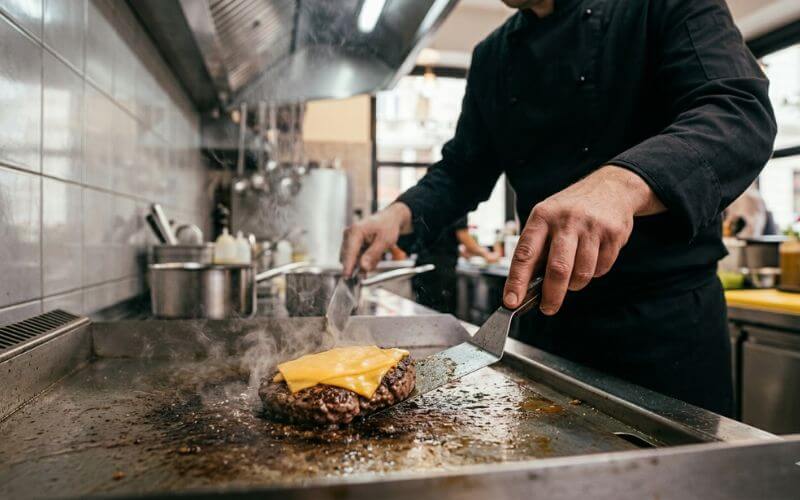 Fresh beef burger patties grilling on a professional kitchen flat top stove at Bitni Spurs