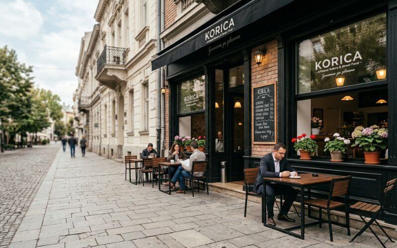 A cozy street burger shop setting in the Vračar district of Belgrade near Saint Sava Temple