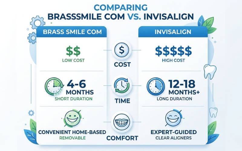 Comparison chart showing cost and time difference between Brasssmile aligners and Invisalign treatment