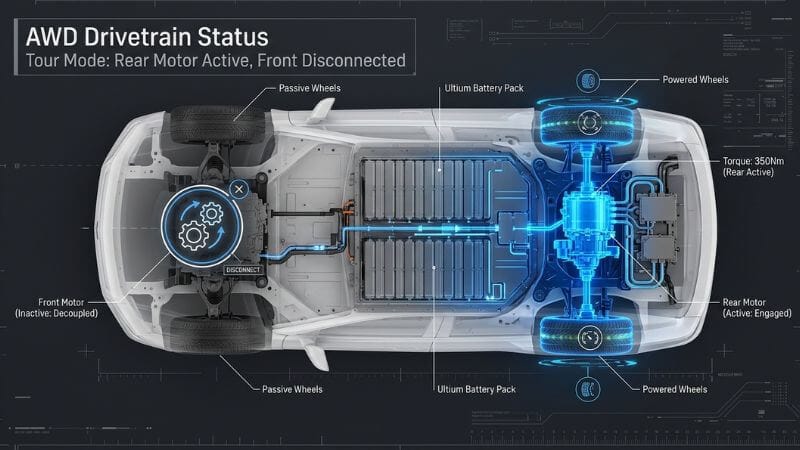 Technical schematic of Cadillac Lyriq AWD dual motor power delivery distribution