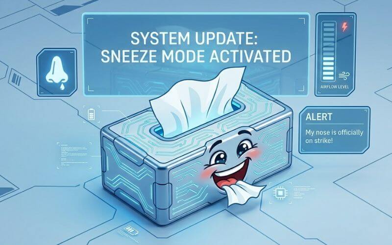 A professional 3D isometric tech banner showing a modern laughing tissue box surrounded by neon blue floating glass panels with text alerts about flu recovery and sneeze mode.
