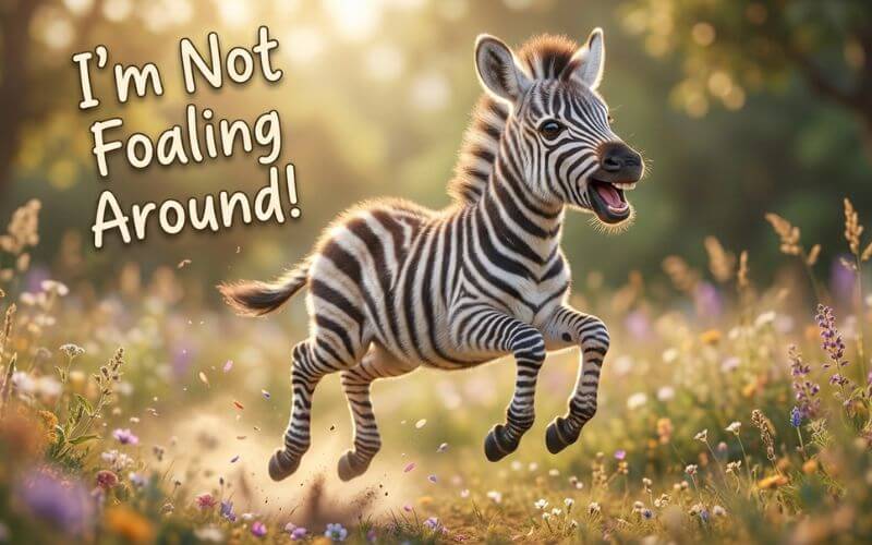 A cute baby zebra jumping and laughing in a green field.