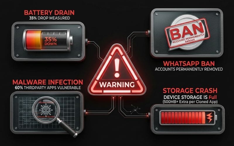 Technical infographic highlighting risks like battery drain, malware, and account bans when using third-party cloning apps.