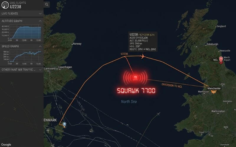 Digital flight tracking map showing easyJet flight U2238 diverting from the North Sea to Newcastle Airport with a red Squawk 7700 emergency alert.