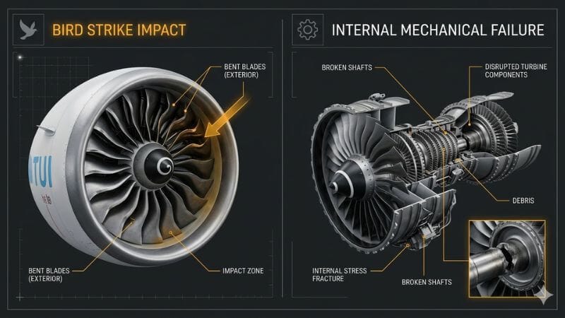 Split screen comparison explaining the visual difference between a bird strike and mechanical engine failure.