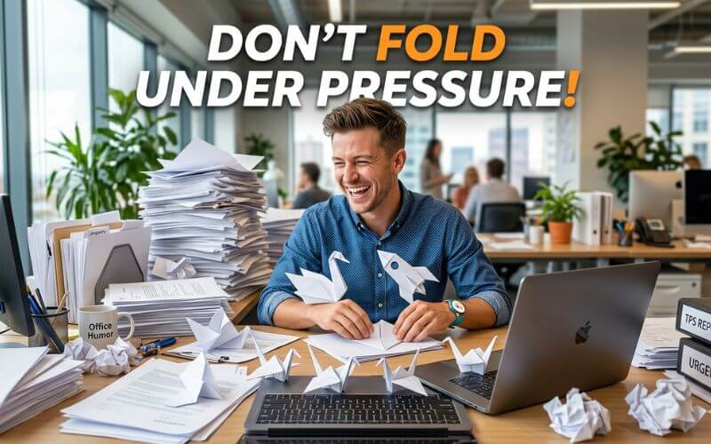 A stressed office worker turning a stack of boring white paperwork into laughing origami shapes, with a funny pun heading.
