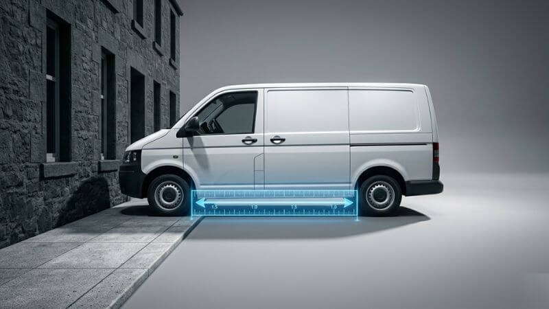 A 3D architectural render explaining the legal Falkirk pavement parking exemptions for delivery vans with a 1.5-metre walking clearance gap.