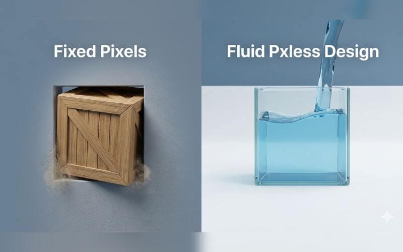 A comparison of a fixed pixel website breaking on mobile vs a pxless fluid design.