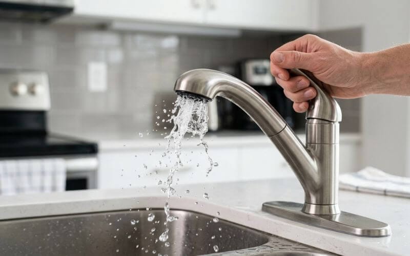 A person safely turning on a kitchen tap to clear air locks after a water main break.