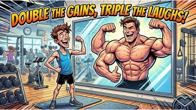 A cartoon gym-goer laughing while flexing a tiny muscle in a giant gym mirror.