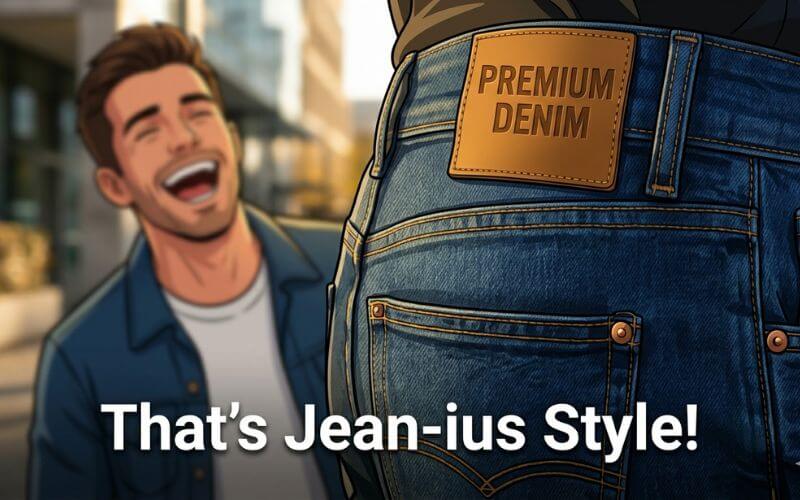 A close-up cartoon illustration of a character laughing while wearing jeans with a Jean-ius Style pun tag.