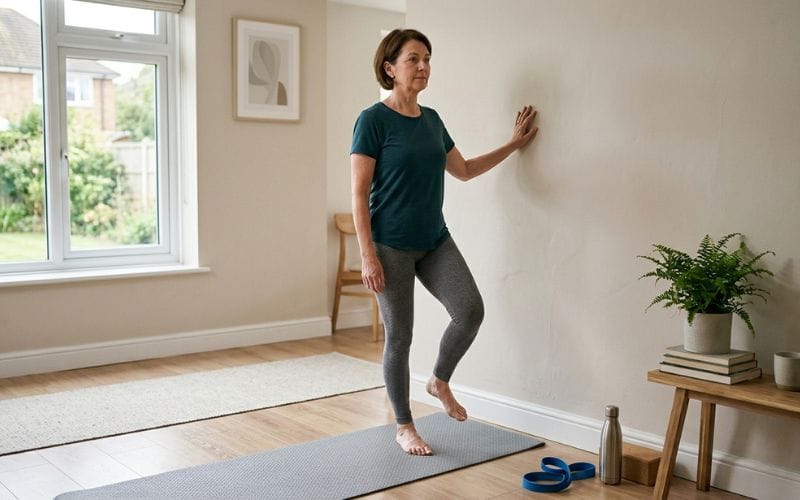 patient doing balance exercise at home with wall support for neurological recovery