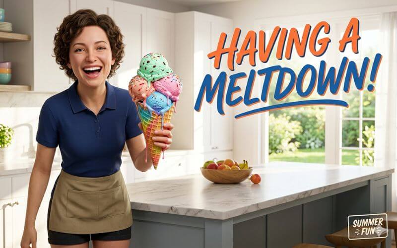 A woman laughing while holding a melting ice cream cone with a 'Meltdown' pun heading.