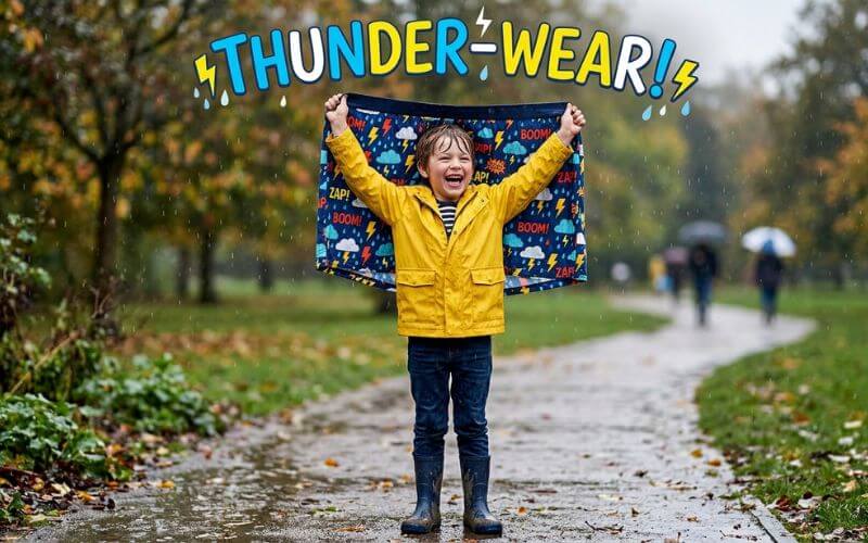 A boy laughing with a funny pun 'Thunder-wear' in the rain.