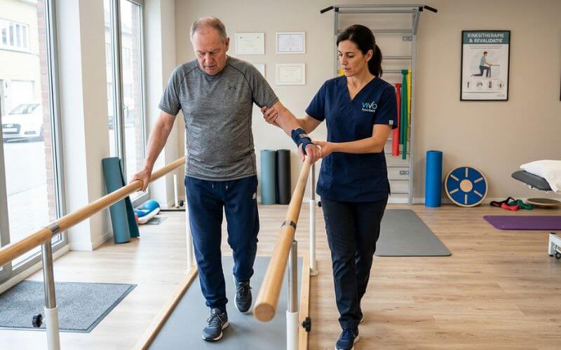 physiotherapist helping stroke patient walk during neurological rehabilitation session
