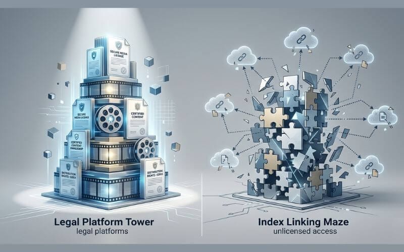 Visual comparison showing official licensed streaming networks versus unlicensed domain directories