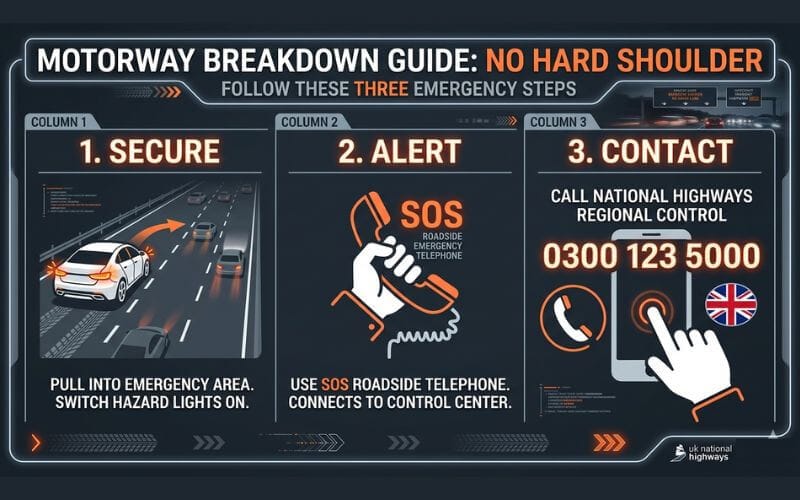 Infographic showing official National Highways safety steps for a vehicle breakdown on a smart motorway with a closed hard shoulder, including the emergency contact number.
