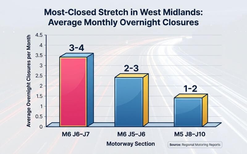 Bar chart showing average monthly overnight closures for West Midlands motorways, highlighting M6 Junction 6 to 7 as the most-closed stretch.