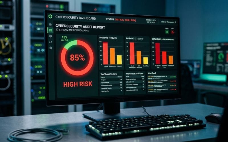 A professional digital security report showing high malware detection rates on pirate streaming sites.
