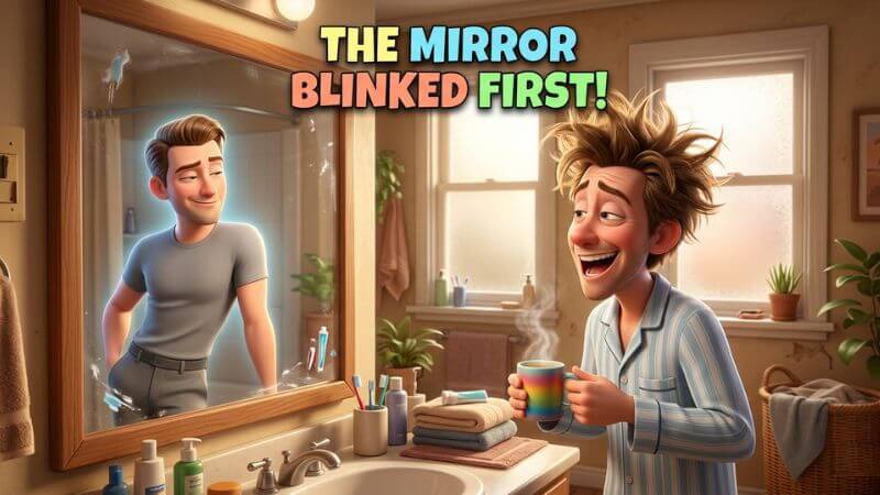 A funny cartoon of a guy with crazy morning hair laughing with his bathroom mirror.