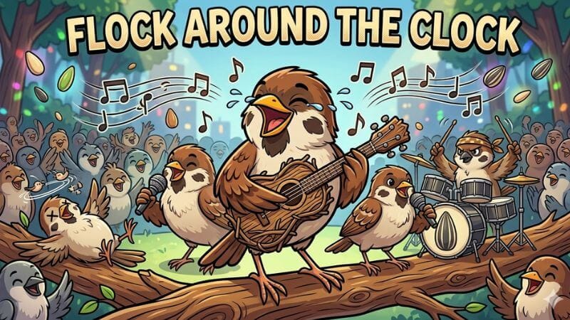 Cartoon sparrow rock band performing on stage while laughing and singing funny bird songs.